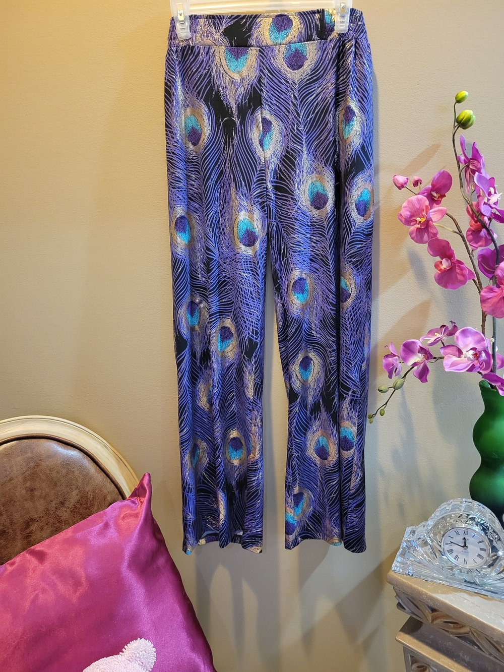 IMAN Purple Peacock-Print Wide Leg Pants